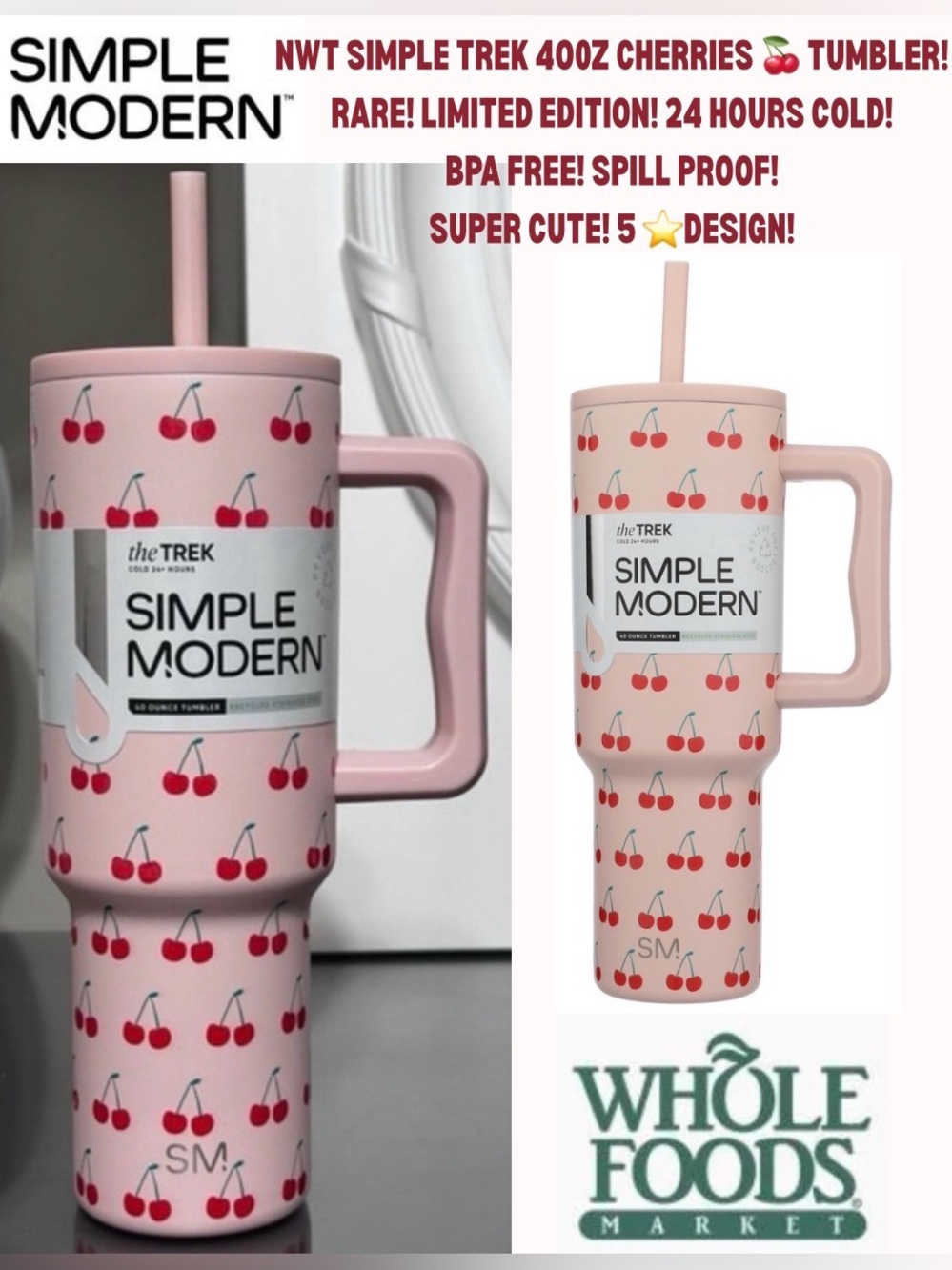 NWR SIMPLE MODERN THE TREK 40OZ CHERRIES TUMBLER! RARE! LIMITED EDITION! 🍒